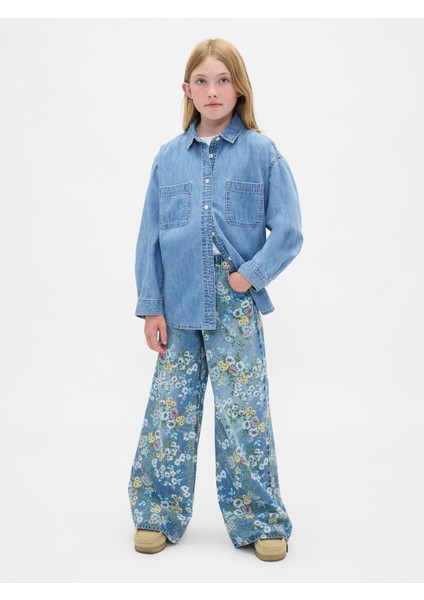 Kız Çocuk Açık Mavi Floral Easy Baggy Jean Pantolon