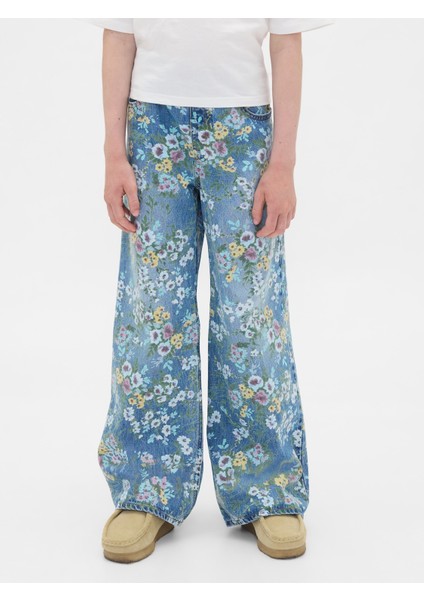 Kız Çocuk Açık Mavi Floral Easy Baggy Jean Pantolon