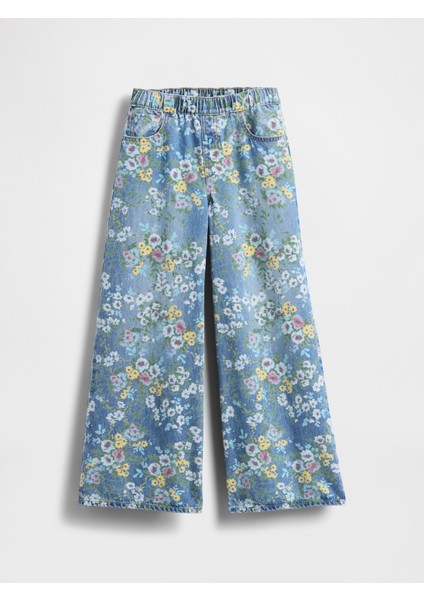 Kız Çocuk Açık Mavi Floral Easy Baggy Jean Pantolon