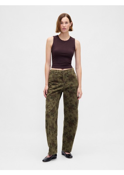 Kadın Haki High Rise Barrel Jean Pantolon