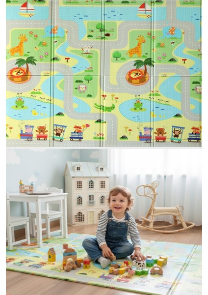 Oyun Matı, 200X130X1 cm Çift Taraflı Katlanır Oyun Halısı