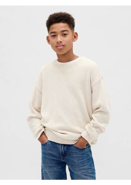 Erkek Çocuk Krem Relaxed Bisiklet Yaka Kazak