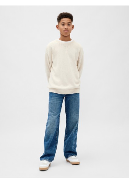 Erkek Çocuk Krem Relaxed Bisiklet Yaka Kazak modelleri