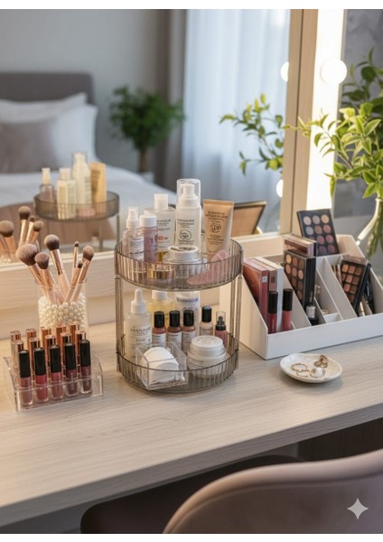 2 Katlı Döner Makyaj Takı Organizeri Şeffaf-Antrasit