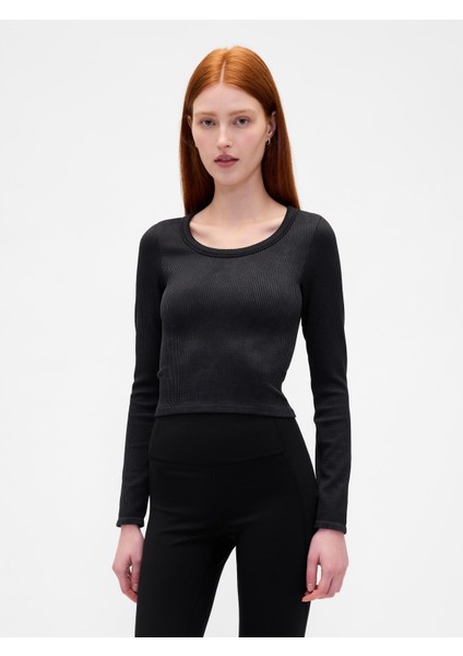 Kadın Siyah Gapfit Dikişsiz Fitilli Crop T-Shirt