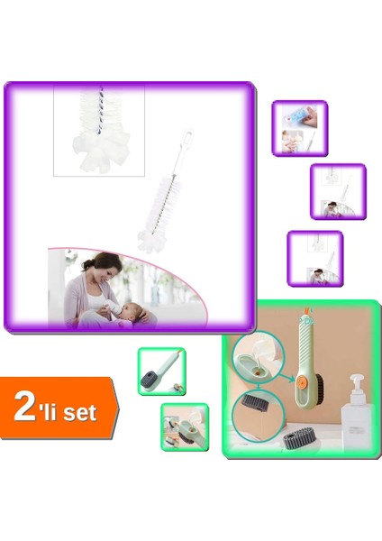 Şişe ve Biberon Temizleme Fırçası + Deterjan Hazneli Süet Bot Nubuk Ayakkabı Fırçası - 2li Set P8T1Z