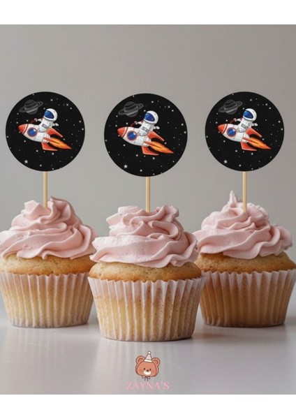 Kozmik Uzay Temalı Astronot Baskılı 16 Adet Parti Sunum Cupcake Kürdanı
