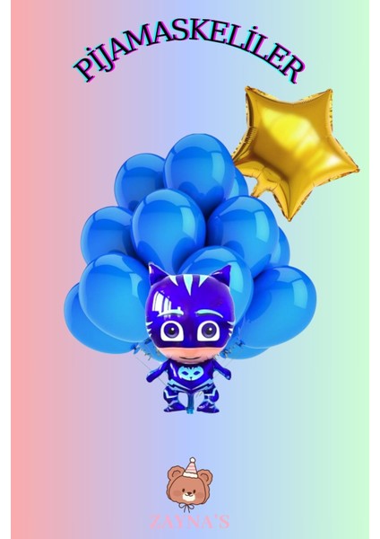 Pijamaskeliler Temalı Kedi Çocuk Baskılı Karakter Folyo Balon Seti Yıldızlı