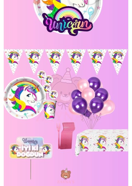 Unicorn Temalı Kız Çocuk 8 Kişilik Konuşma Balonlu Doğum Günü Parti Malzemeleri Seti