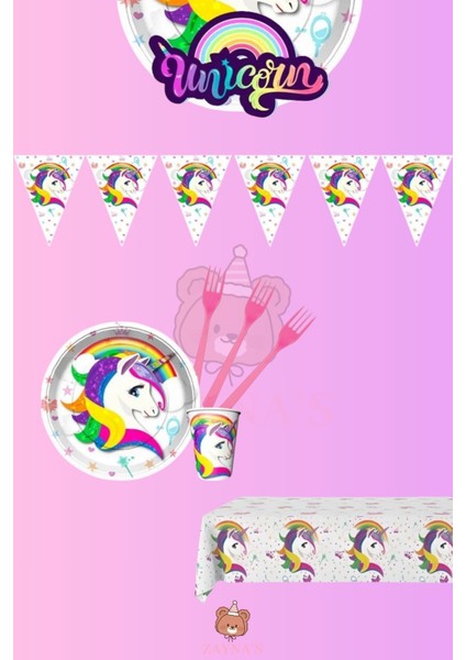 Unicorn Temalı Kız Çocuk 8 Kişilik Ekonomik Doğum Günü Parti Malzemeleri Seti