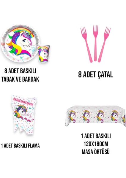 Unicorn Temalı Kız Çocuk 8 Kişilik Ekonomik Doğum Günü Parti Malzemeleri Seti fiyatları