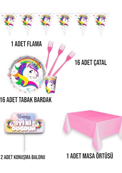 Unicorn Temalı Kız Çocuk Konsept Ekomini Set 16 Kişilik Doğum Günü Parti Malzemeleri fiyatları
