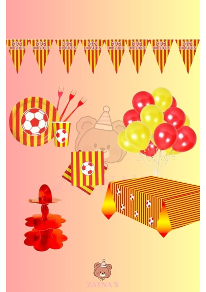 Sarı Kırmızı Taraftar 24 Kişilik Doğum Günü Parti Seti -Taraftar Konseptli Kek Standı