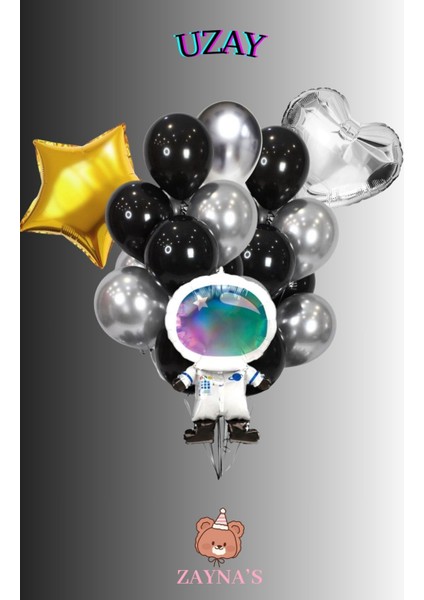 Kozmik Uzay Temalı Galaksi Astronot Baskılı Karakter Folyo Balon Seti Yıldız ve Kalpli