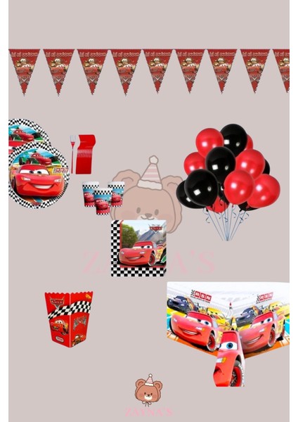 Cars Arabalar Temalı Doğum Günü Parti Seti - Erkek Çocuklara Özel Süsleme Malzemeleri 16 Kişilik