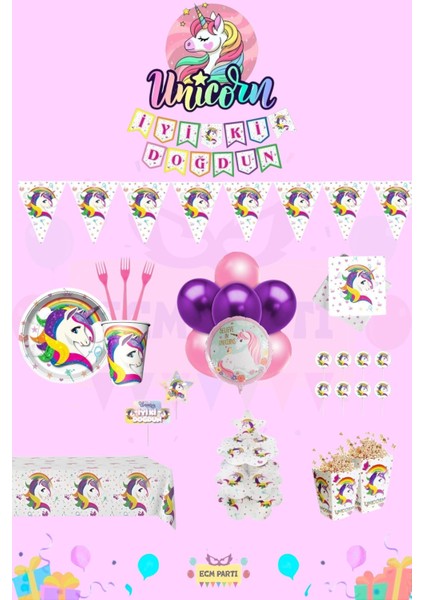 Unicorn Temalı 8 Kişilik Maxi Doğum Günü Parti Seti