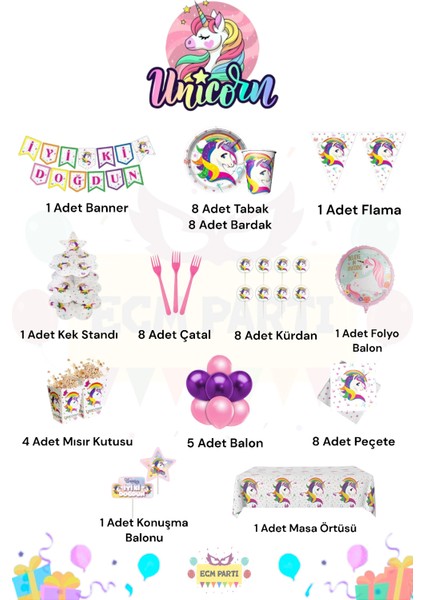 Unicorn Temalı 8 Kişilik Maxi Doğum Günü Parti Seti fiyatları