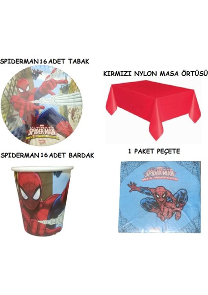 Örümcek Adam Spiderman Tabak Bardak Peçete Masa Örtüsü Seti 16 Kişilik