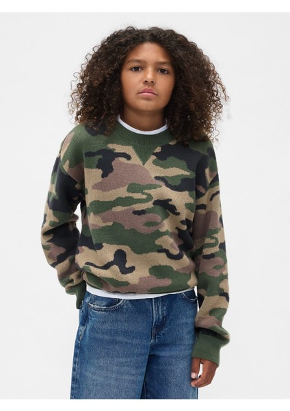 Erkek Çocuk Kamuflaj Relaxed Bisiklet Yaka Kazak