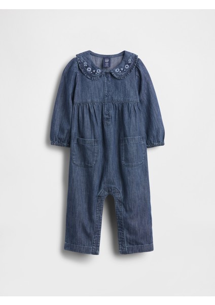 Bebek Koyu Mavi Denim Yaka Detaylı Tulum