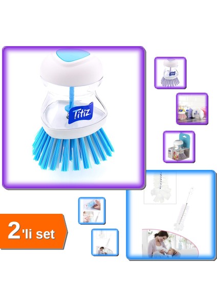 Deterjan Hazneli Bulaşık Fırçası + Şişe ve Biberon Temizleme Fırçası - 2li Set B7R8A8