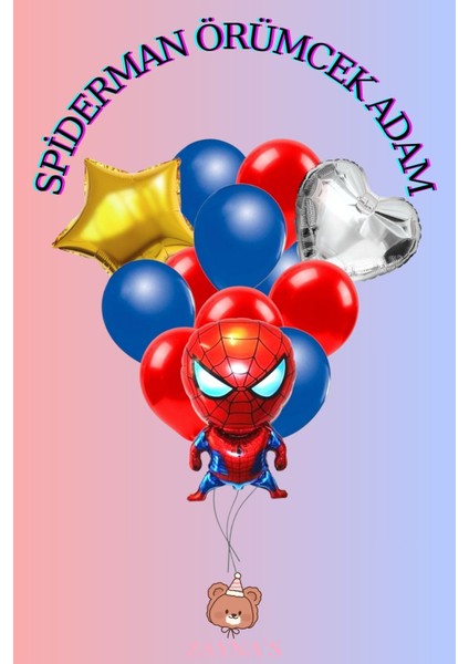 Örümcek Adam Temalı Karakter Baskılı Folyo Balon Seti Yıldız ve Kalpli