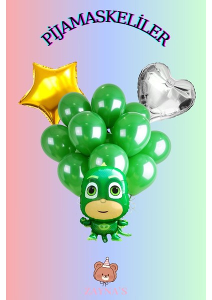 Pijamaskeliler Temalı Kertenkele Çocuk Baskılı Karakterli Folyo Balon Seti Yıldız ve Kalpli