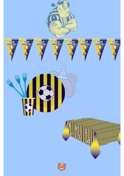 Taraftar Temalı Seti 24 Kişilik Sarı Lacivert Ekonomik Doğum Günü Parti Malzemeleri Seti