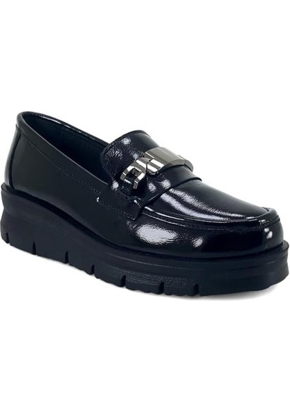 018 Hakiki Deri Günlük Kadın Ayakkabı-Siyah Rugan