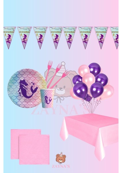 Deniz Kızı Temalı Kız Çocuk 8 Kişilik Set Doğum Günü Parti Malzemeleri