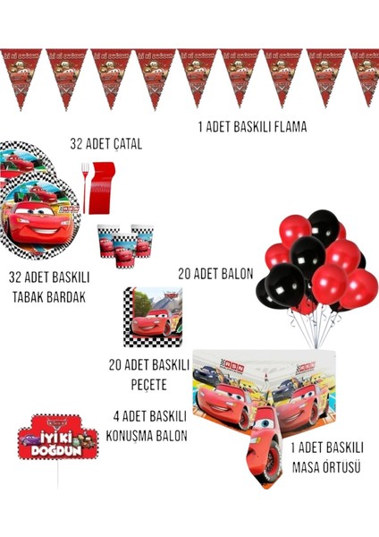 Cars Arabalar Şimşek Mcqueen 32 Kişilik Doğum Günü Parti Seti - Cars Arabalar Temalı Parti Süsleri fiyatları