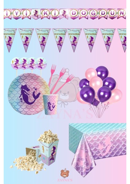 Deniz Kızı Konseptli Kız Çocuk Doğum Günü Parti Seti Malzemeleri 32 Kişilik