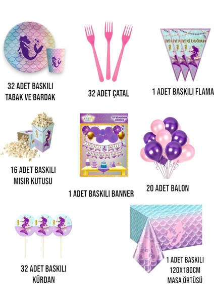Deniz Kızı Konseptli Kız Çocuk Doğum Günü Parti Seti Malzemeleri 32 Kişilik fiyatları