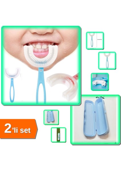 Silikon Çocuk Diş Fırçası 2-12 Yaş + Turkuaz Multi Kalemlik Saklama Makyaj Kutusu - 2li Set B4M6H2