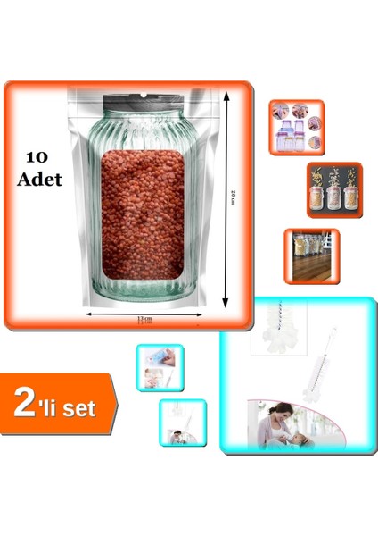 10 Adet Kavanoz Görünümlü Kilitli Saklama Poşeti + Şişe ve Biberon Temizleme Fırçası - 2li Set C6D4T