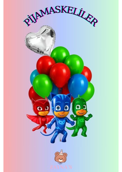 Pijamaskeliler 3 Lü Folyo Balon Seti Karakter Baskılı Balon Seti Kalpli