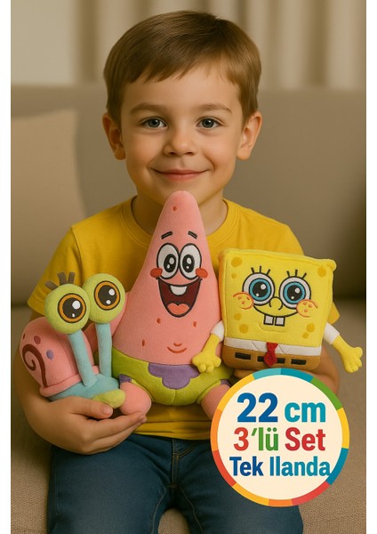 Sünger Bob Patrick Gary Peluş Üçlü Paket 22 cm Yumuşak Oyuncak Seti Çocuk Hediyelik - 3 Lü Set