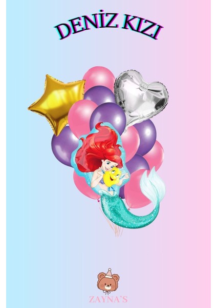 Deniz Kızı Temalı Karakter Folyo Balon Seti Kalpli ve Yıldızlı
