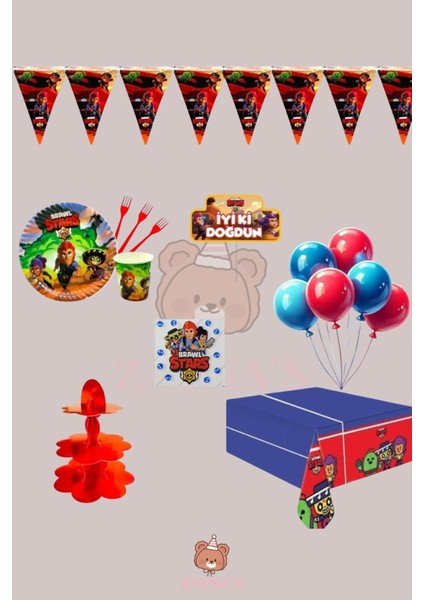Brawl Stars Temalı Erkek Çocuk 16 Kişilik Doğum Günü Parti Seti - Brawl Stars Konsepti Kek Standı