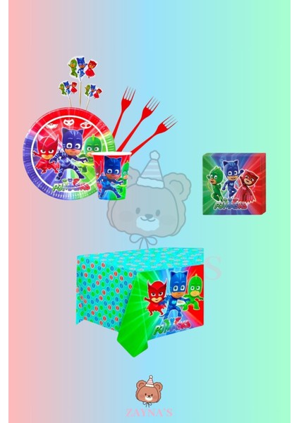 Pijamaskeliler Temalı Kız Erkek Çocuk Konseptli 8 Kişilik Doğum Günü Parti Seti