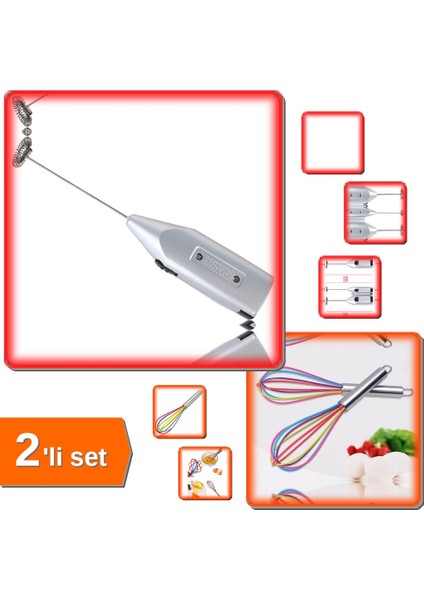 Pilli Portatif Karıştırıcı Mikser + Silikon Çırpıcı Metal Saplı Renkli Çırpma Teli - 2li Set N8L1W2