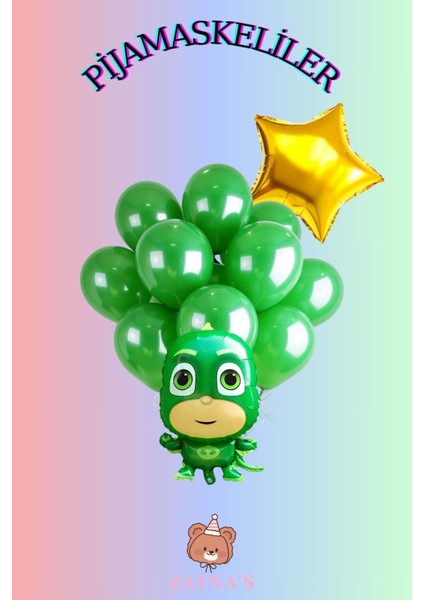 Pijamaskeliler Temalı Kertenkele Çocuk Baskılı Karakter Folyo Balon Seti Yıldızlı
