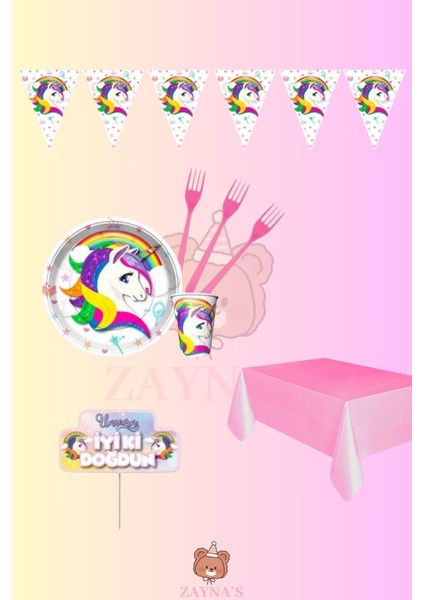 Unicorn Temalı Kız Çocuk Konsept Ekomini Set 8 Kişilik Doğum Günü Parti Malzemeleri