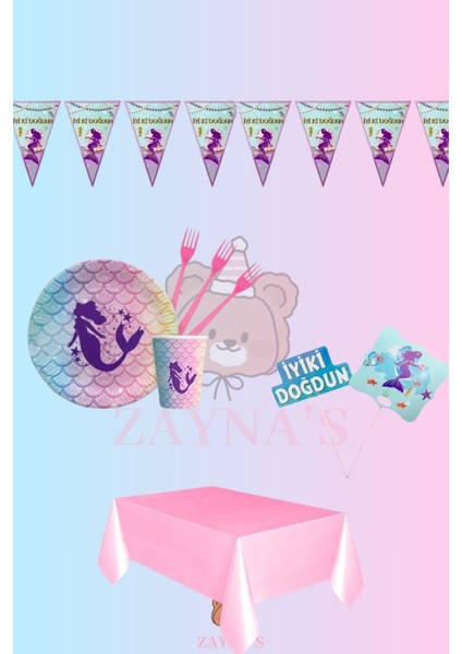 Deniz Kızı Temalı Kız Çocuk Ekomini Set 16 Kişilik Doğum Günü Parti Malzemeleri
