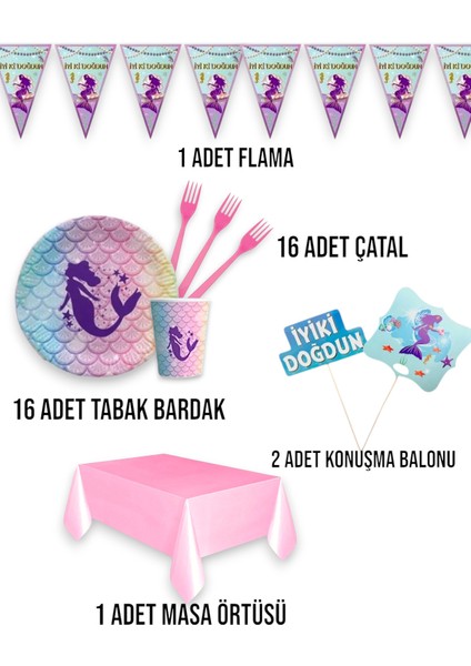 Deniz Kızı Temalı Kız Çocuk Ekomini Set 16 Kişilik Doğum Günü Parti Malzemeleri fiyatları