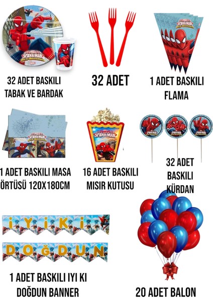 Örümcek Adam Temalı 32 Kişilik Full Set - Doğum Günü Parti Seti Malzemeleri fiyatları