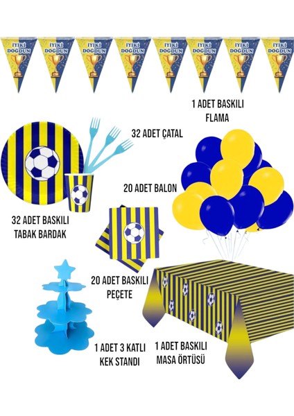 Taraftar Sarı Lacivert Taraftar 32 Kişilik Doğum Günü Parti Seti -Sarı Lacivert Konseptli Kek Standı fiyatları
