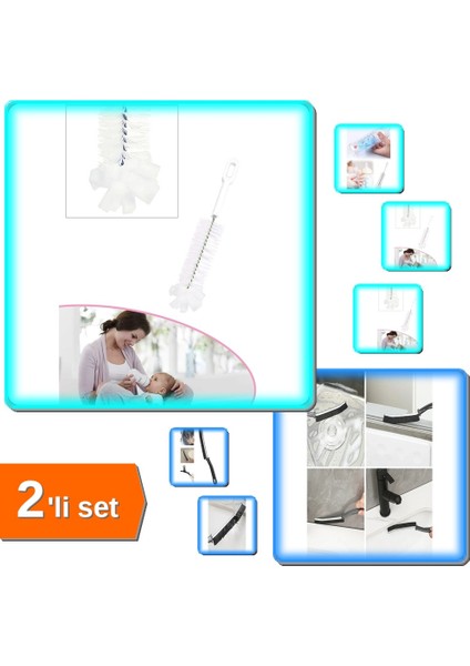 Şişe ve Biberon Temizleme Fırçası + Kenarı Kavisli Detay Ince Kıl Temizlik Fırçası - 2li Set U8S9Y3