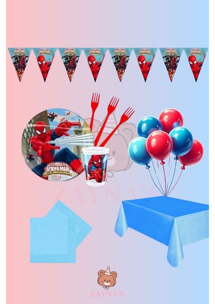 Örümcek Adam 24 Kişilik Set Doğum Günü Parti Malzemeleri Erkek Çocuk Tabak Bardak Balon Peçete