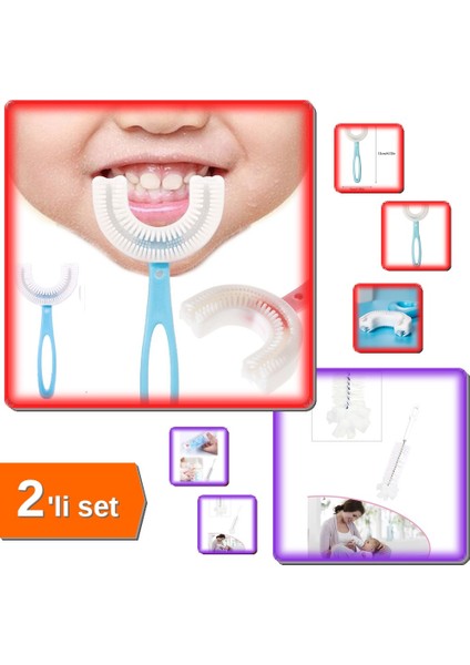 U Şekli Silikon Çocuk Diş Fırçası 2-12 Yaş + Hijyenik Biberon Temizleme Fırçası - 2li Set E7N0U2